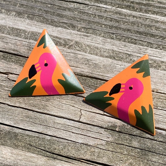 Vintage 80’s Big orange triangle Flamingo earrings - Picture 1 of 6